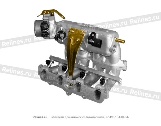 Inlet manifold with throttle body and fuel rail as