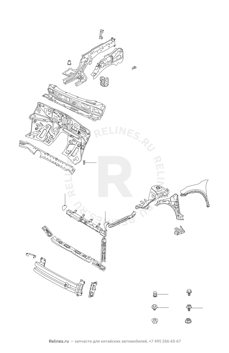 Лонжероны и перегородка моторного отсека Chery Tiggo 7 — схема