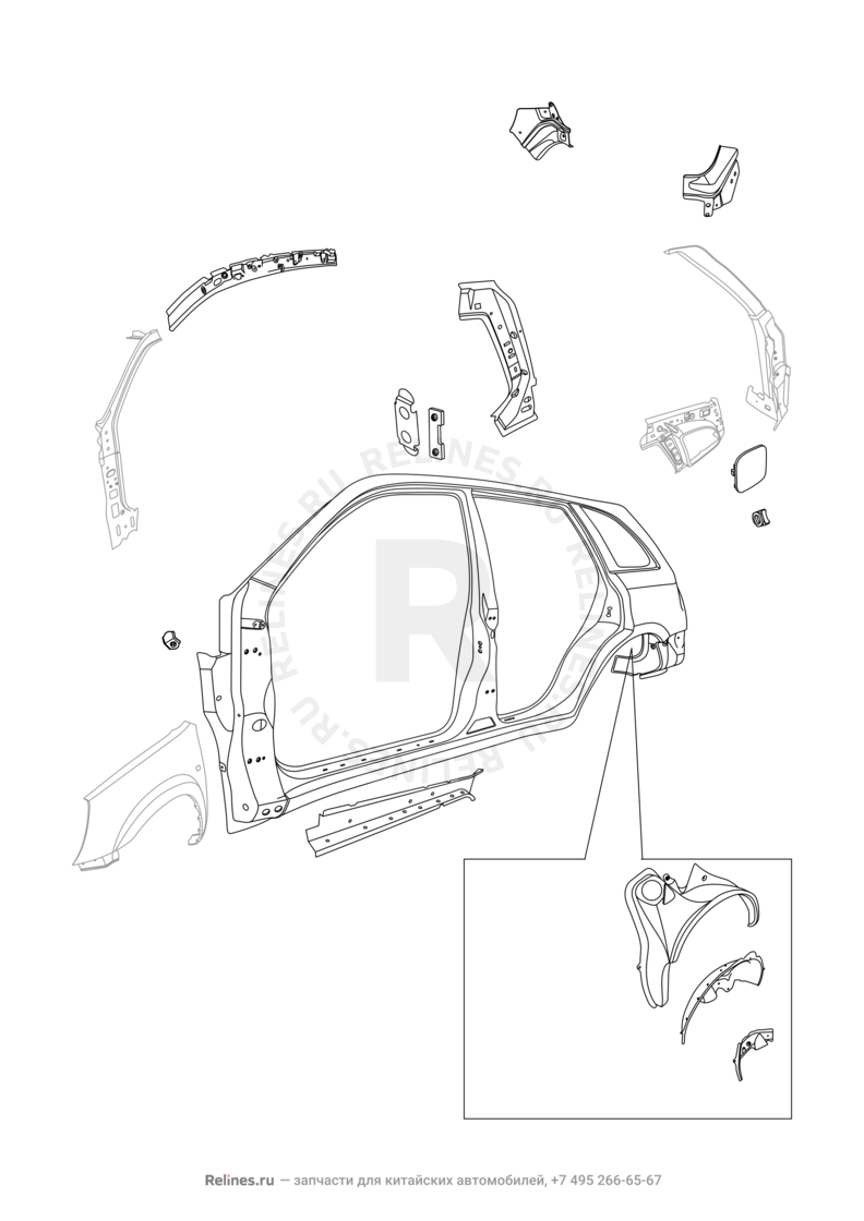 Запчасти Chery Tiggo 3 Поколение I (2014)  — Кузовные детали — схема