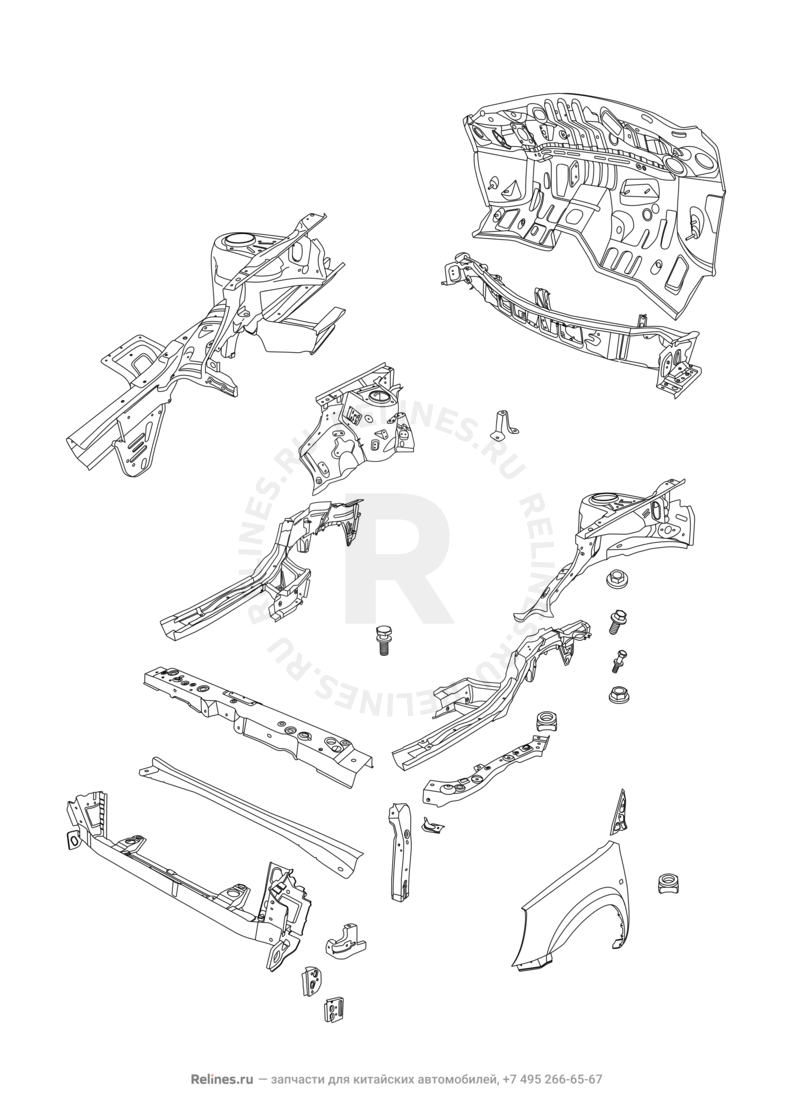 Запчасти Chery Tiggo 3 Поколение I (2014)  — Лонжероны и перегородка моторного отсека — схема