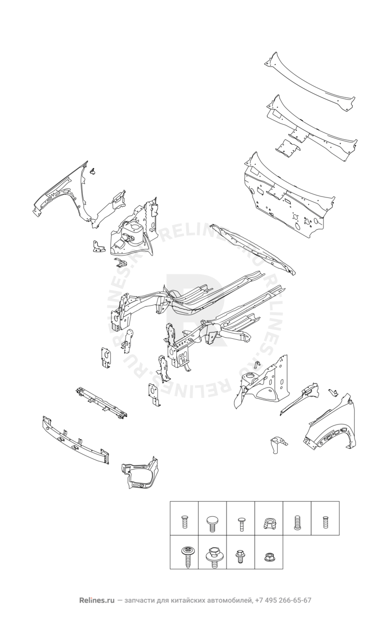 Лонжероны и перегородка моторного отсека Chery Tiggo 2 Pro — схема