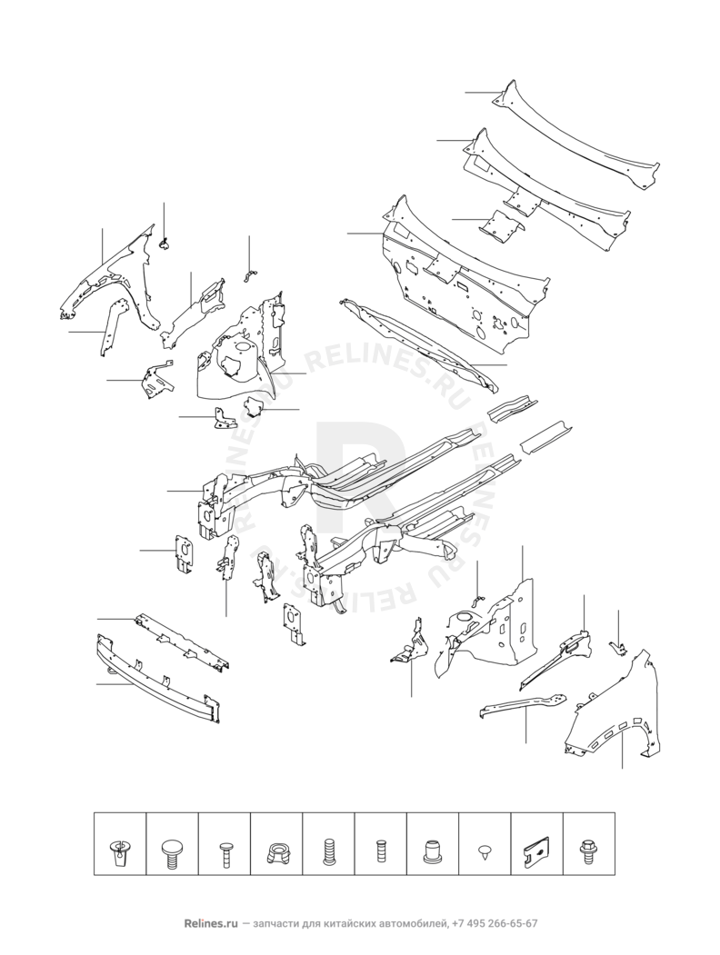 Запчасти Chery Tiggo 2 Поколение I (2016)  — Лонжероны и перегородка моторного отсека — схема