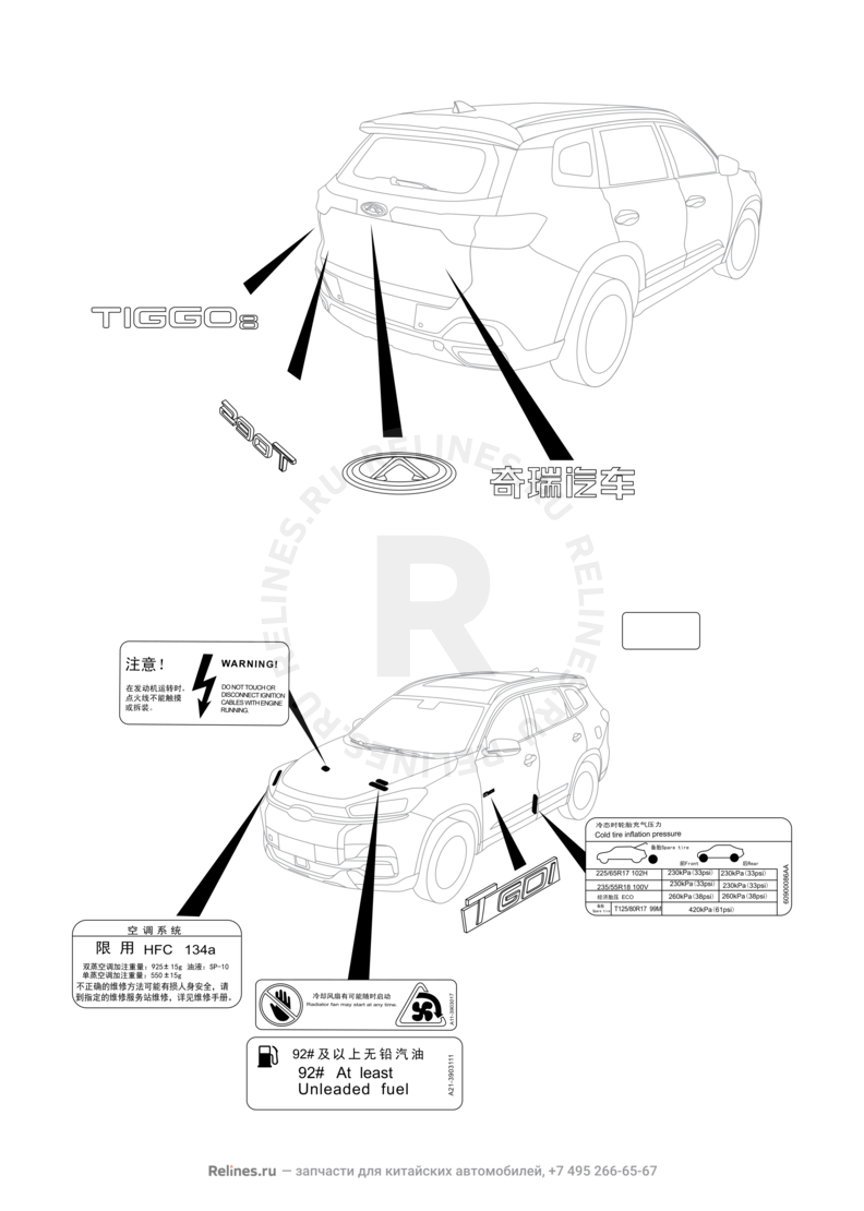 Запчасти Chery Tiggo 8 Pro Поколение I (2020)  — Эмблемы (2) — схема