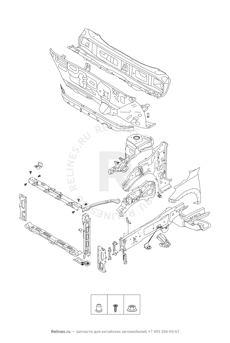 Лонжероны и перегородка моторного отсека Chery Tiggo 8 — схема