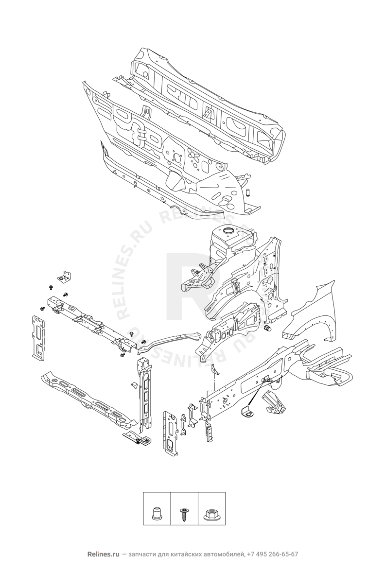 Лонжероны и перегородка моторного отсека Chery Tiggo 8 — схема