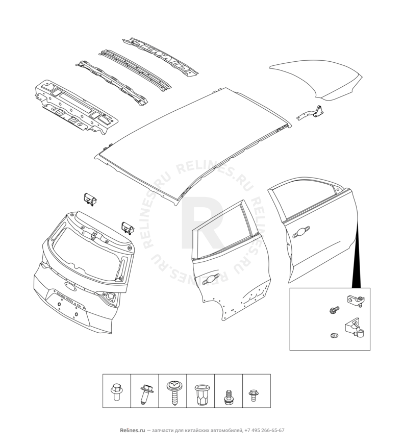 Запчасти Chery Tiggo 4 Pro Поколение I (2021)  — Кузовные детали — схема