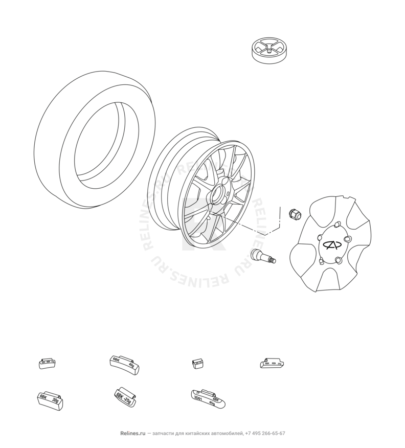Колесные диски алюминиевые (литые) и шины Chery Bonus — схема