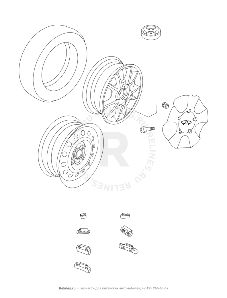 Запчасти Chery Very Поколение I (2011)  — Крепление запасного колеса, колпаки и гайки колесные (2) — схема