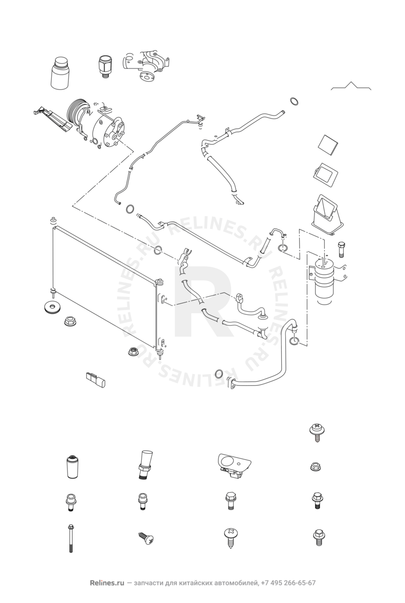 Радиатор, компрессор и трубки кондиционера Chery Bonus — схема