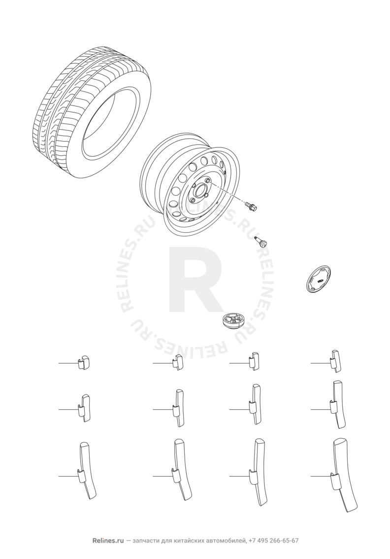 Колесные диски алюминиевые (литые) и шины (2) Chery Amulet — схема