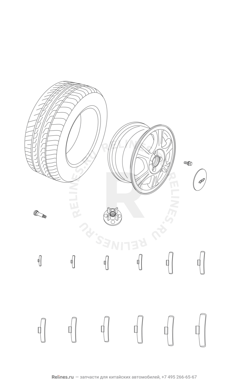 Крепление запасного колеса, колпаки и гайки колесные Chery Amulet — схема