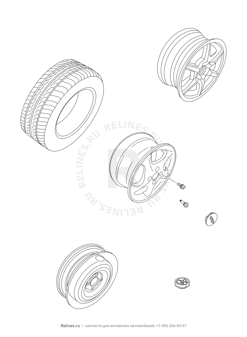Запчасти Chery Amulet Поколение I (2003)  — Колесные диски алюминиевые (литые) и шины (4) — схема