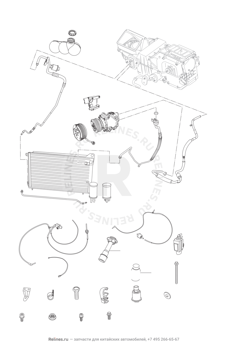 Запчасти Chery Amulet Поколение I (2003)  — Радиатор, компрессор и трубки кондиционера — схема