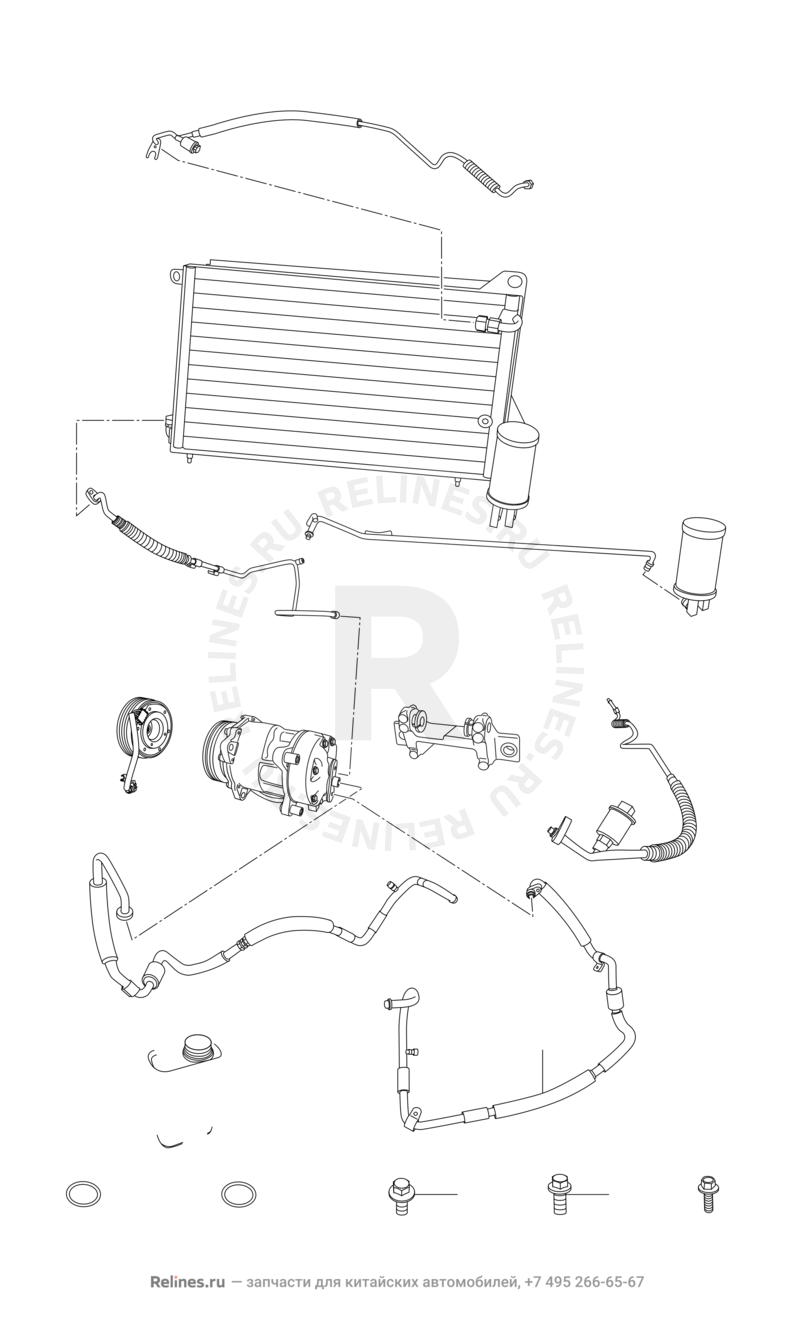 Запчасти Chery Amulet Поколение I (2003)  — Радиатор, компрессор и трубки кондиционера — схема