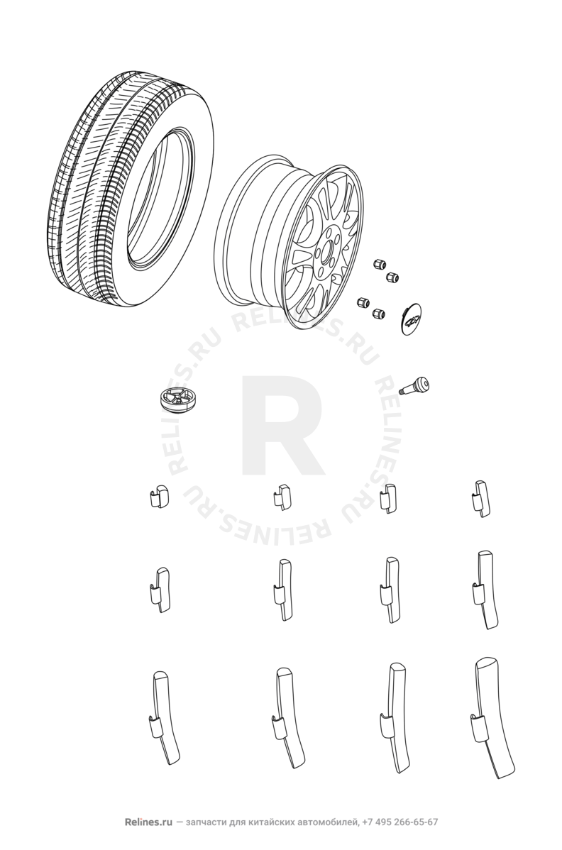 Колесные диски алюминиевые (литые) и шины Chery Fora — схема