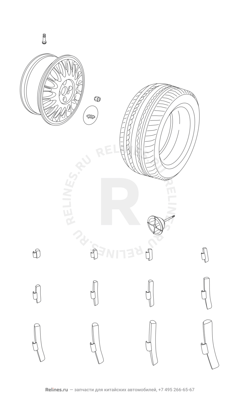 Крепление запасного колеса, колпаки и гайки колесные Chery Eastar — схема