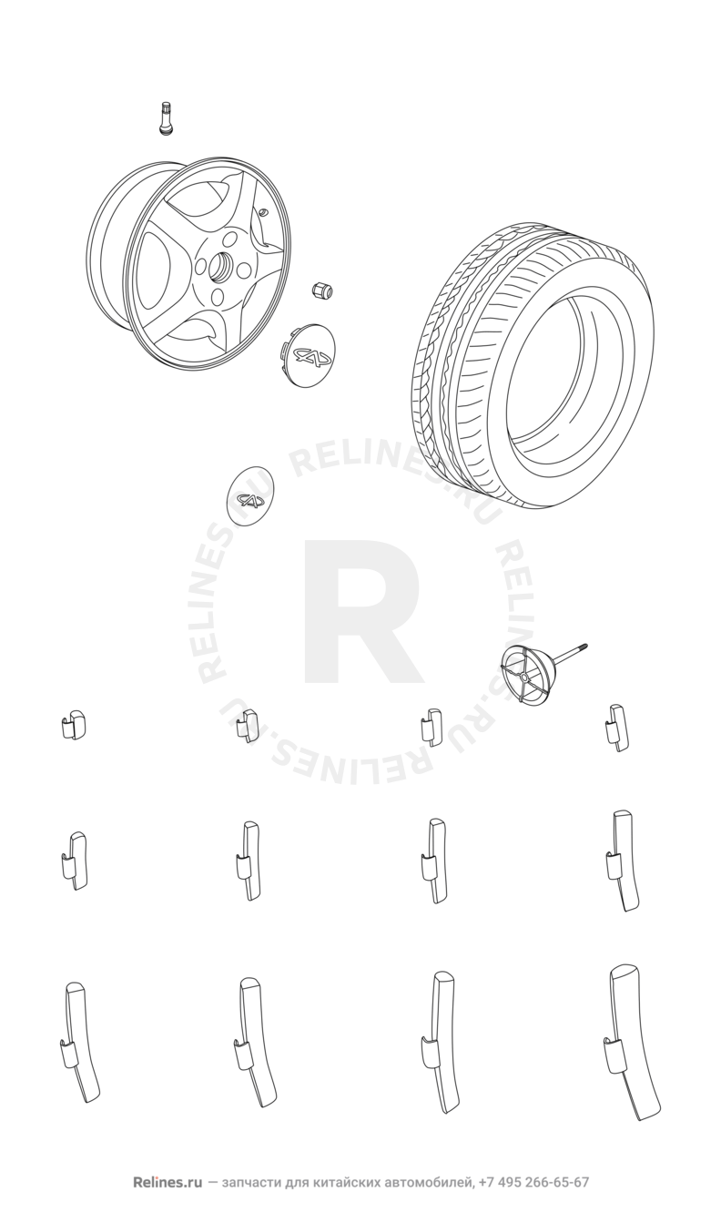 Запчасти Chery Eastar Поколение I (2003)  — Колесные диски алюминиевые (литые) и шины (2) — схема