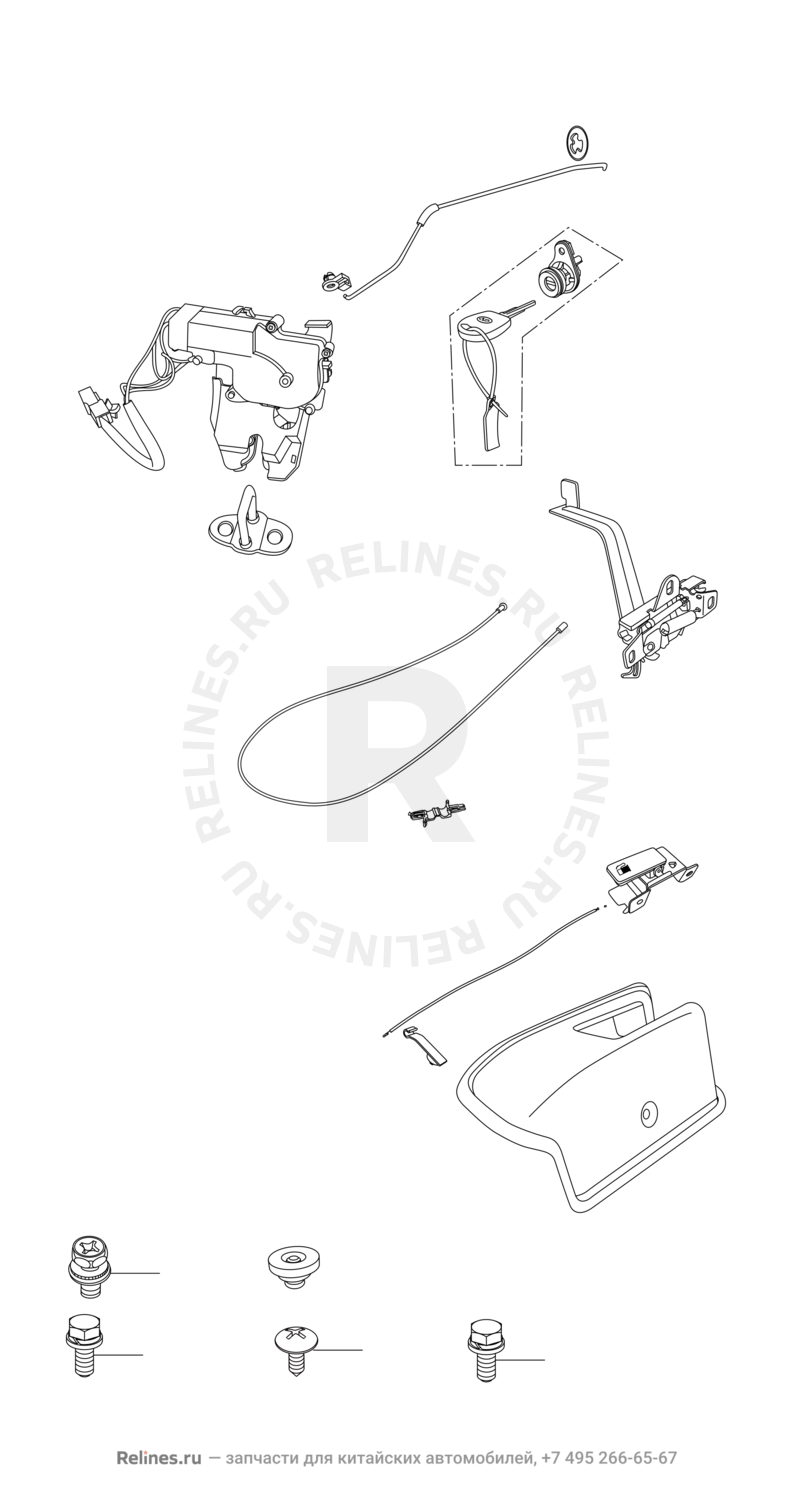 Замки, ручки капота и багажника, ручка открывания топливного бака Chery Eastar — схема