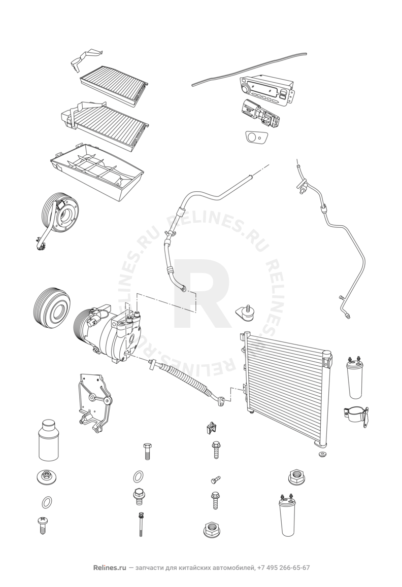 Радиатор, компрессор и трубки кондиционера Chery Eastar — схема