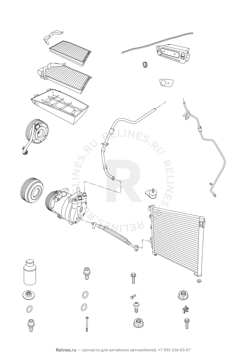 Радиатор, компрессор и трубки кондиционера Chery Eastar — схема