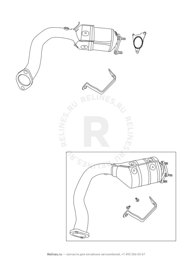Запчасти Chery CrossEastar Поколение I (2006)  — Выхлопная система: труба, катализатор, подвес глушителя (1) — схема