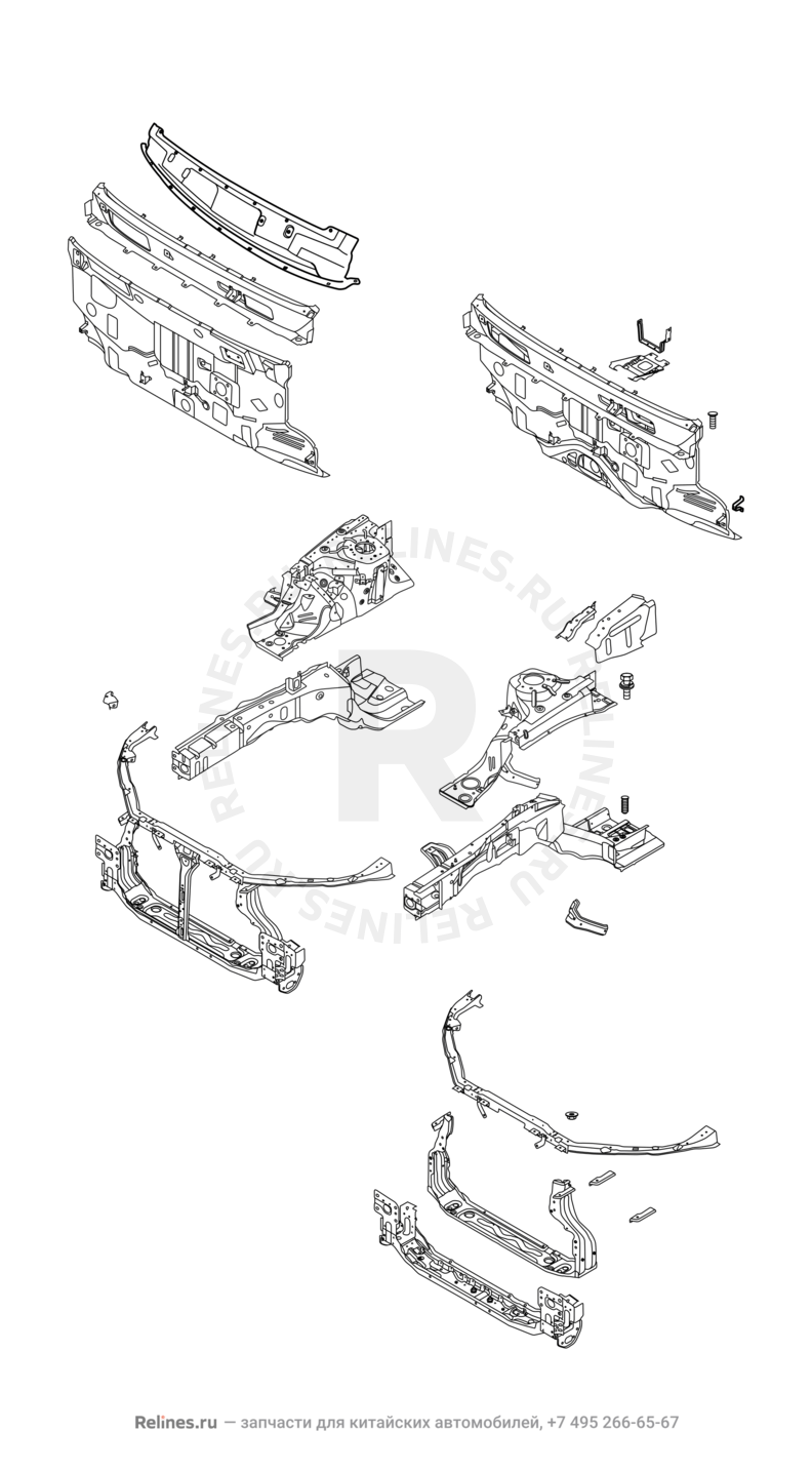 Лонжероны и перегородка моторного отсека Chery CrossEastar — схема