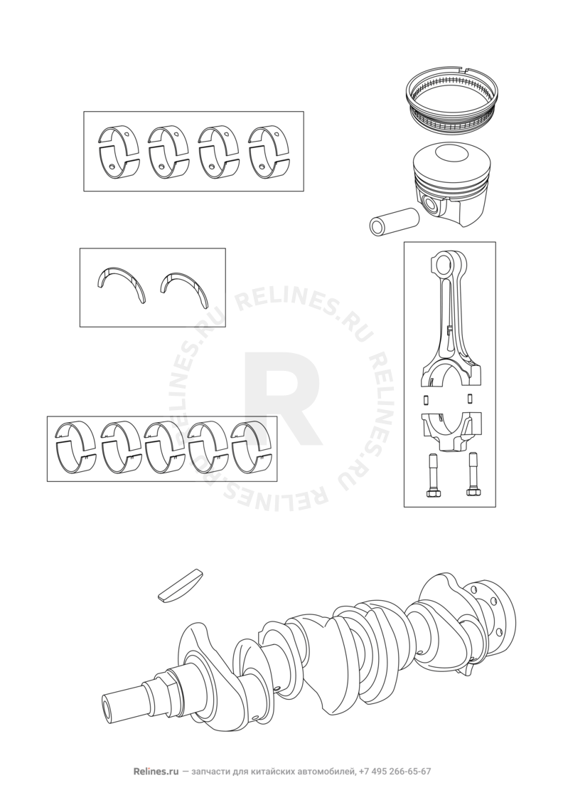 Коленчатый вал, поршень и шатуны Chery Tiggo 2 — схема