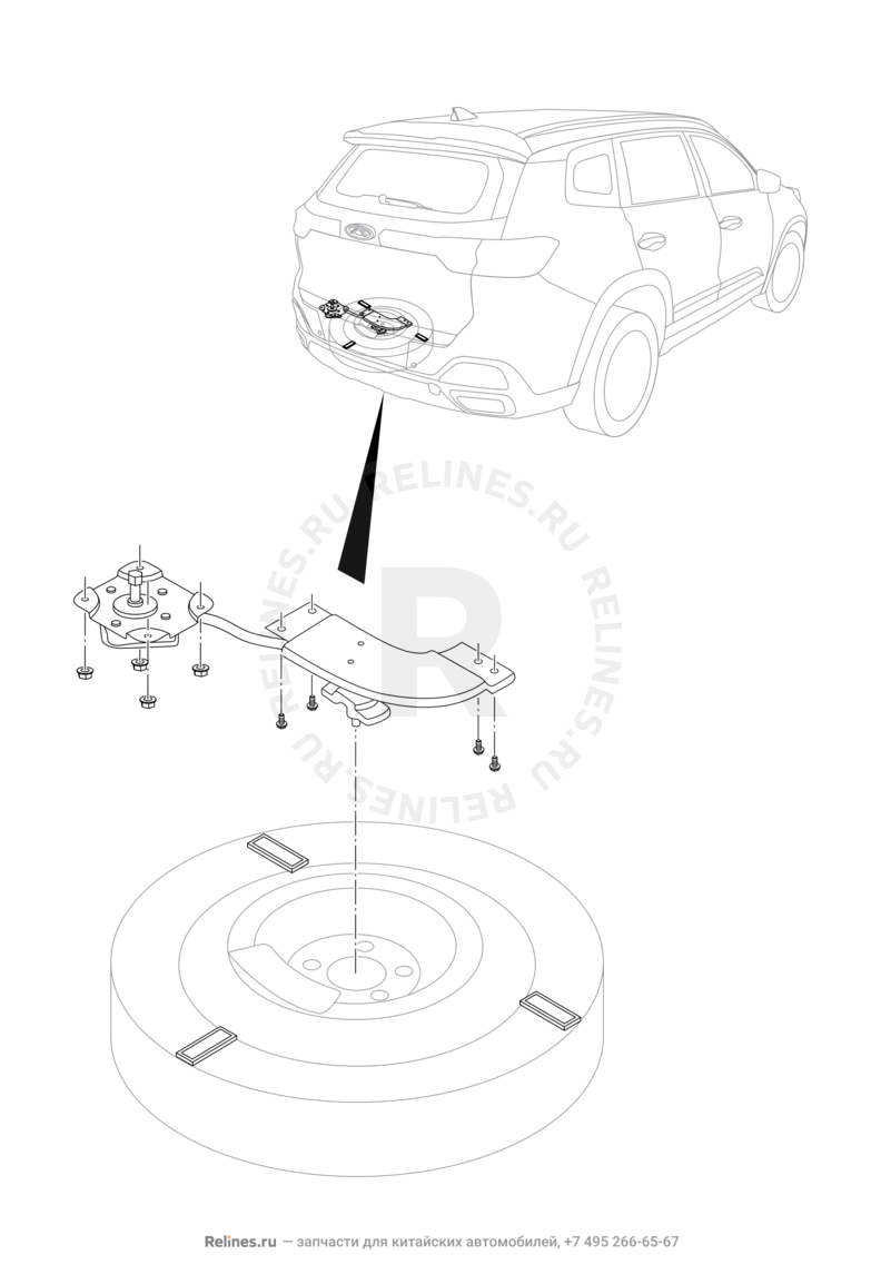 Запчасти Chery Tiggo 8 Поколение I (2018)  — Система крепления запасного колеса (1) — схема