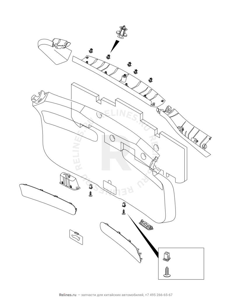 Запчасти Chery Tiggo 7 Pro Max Поколение I (2022)  — Внутренняя обшивка дверей (1) — схема