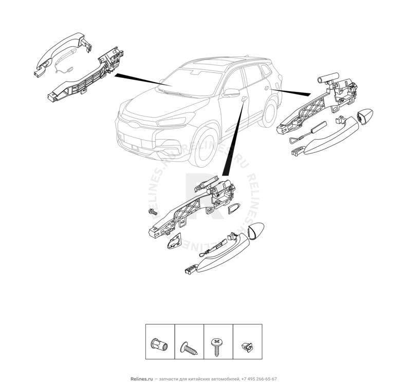 Запчасти Chery Tiggo 8 Pro Поколение I (2020)  — Накладки и ручки дверей — схема