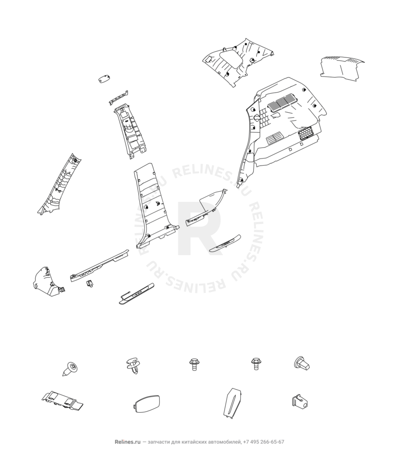 Запчасти Chery Tiggo 7 Поколение I (2016)  — Обшивка стоек, накладки порогов и багажника — схема