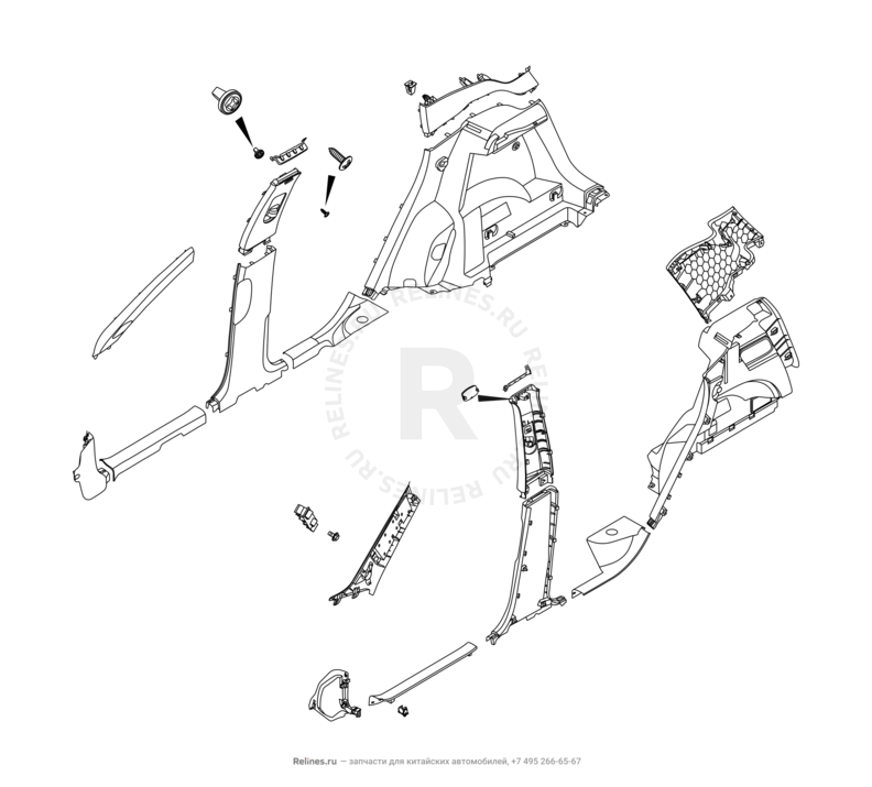 Запчасти Chery Tiggo 4 Pro Поколение I (2021)  — Обшивка стоек, накладки порогов и багажника (1) — схема