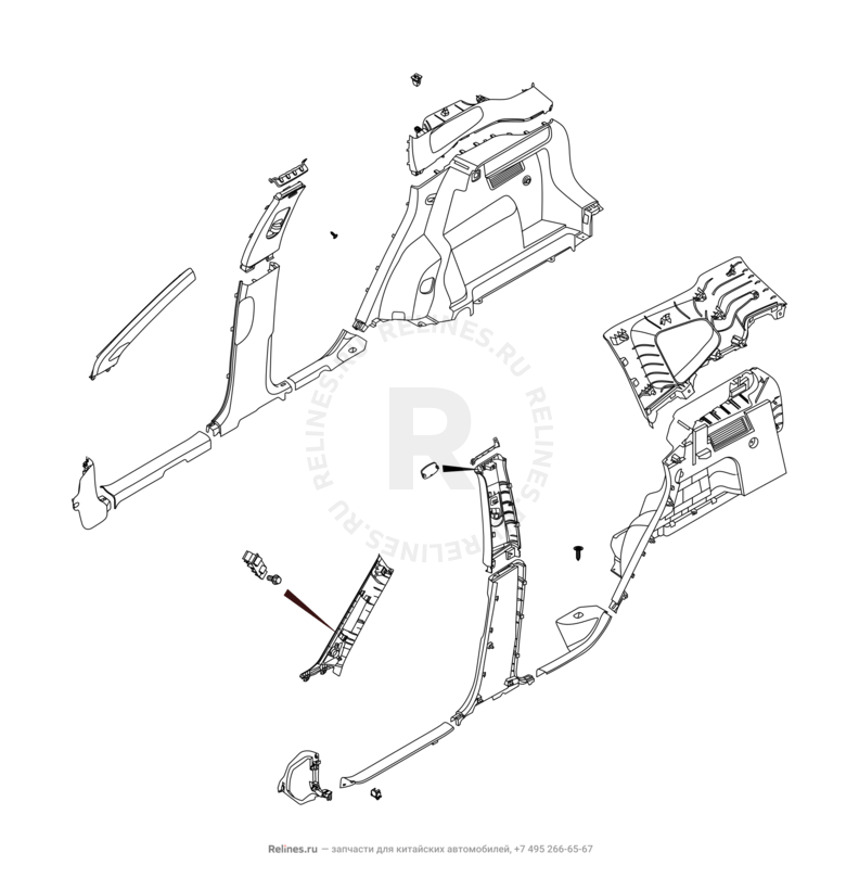 Запчасти Chery Tiggo 7 Pro Поколение I (2020)  — Обшивка стоек, накладки порогов и багажника (1) — схема