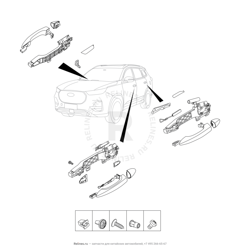 Запчасти Chery Tiggo 8 Pro Max Поколение I (2022)  — Накладки и ручки дверей — схема