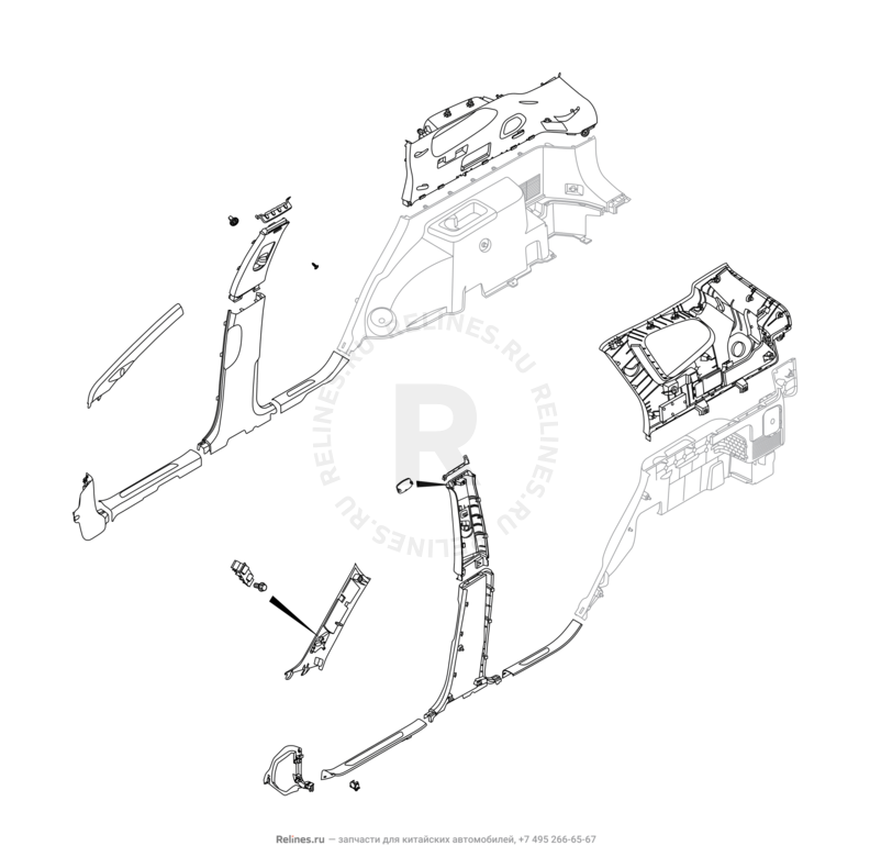 Запчасти Chery Tiggo 8 Pro Max Поколение I (2022)  — Обшивка стоек, накладки порогов и багажника (2) — схема