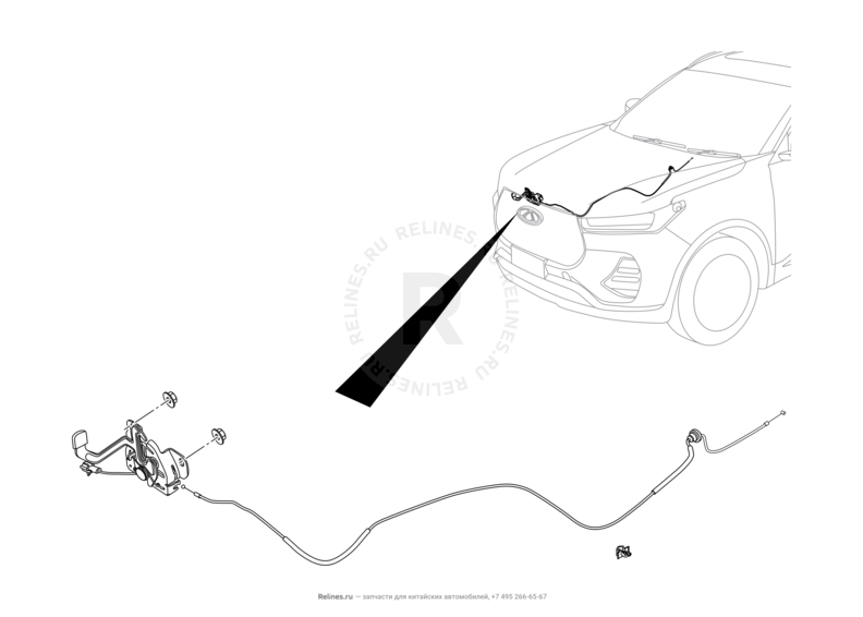 Запчасти Chery Tiggo 7 Pro Поколение I (2020)  — Замок капота и его составляющие (1) — схема