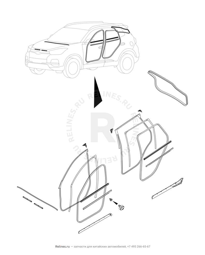 Запчасти Chery Tiggo 4 Pro Поколение I (2021)  — Уплотнители, молдинги, заглушки и направляющие (1) — схема