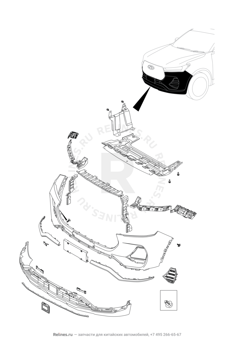 Запчасти Chery Tiggo 7 Pro Поколение I (2020)  — Передний бампер и другие детали фронтальной части (1) — схема
