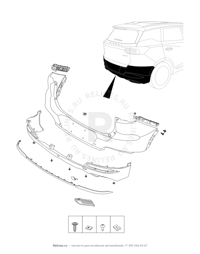 Запчасти Chery Tiggo 7 Pro Поколение I (2020)  — Задний бампер и другие детали задка — схема