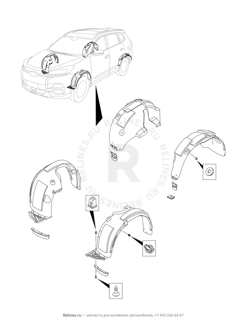 Запчасти Chery Tiggo 8 Pro Поколение I (2020)  — Подкрылки и брызговики — схема