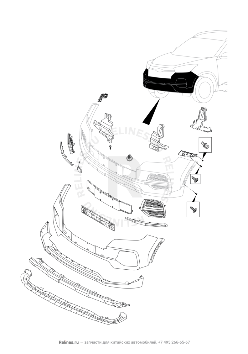 Запчасти Chery Tiggo 4 Поколение I — рестайлинг (2018)  — Передний бампер и другие детали фронтальной части (1) — схема