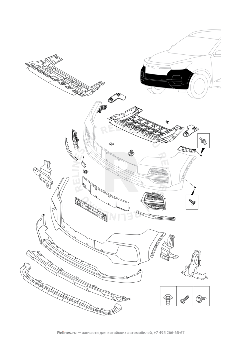 Запчасти Chery Tiggo 4 Поколение I — рестайлинг (2018)  — Передний бампер и другие детали фронтальной части (3) — схема
