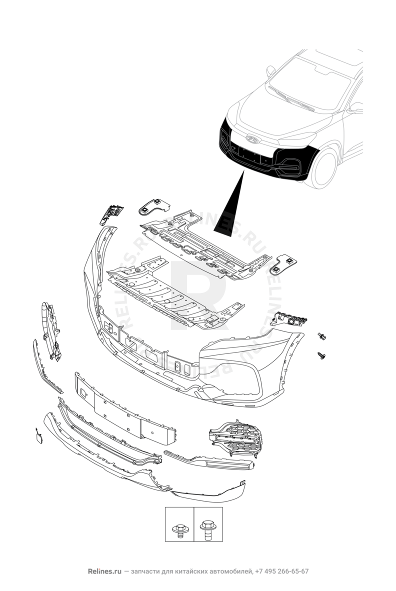 Запчасти Chery Tiggo 8 Поколение I (2018)  — Передний бампер и другие детали фронтальной части (3) — схема