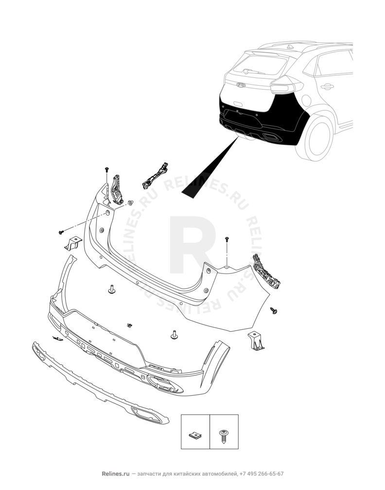 Запчасти Chery Tiggo 2 Pro Поколение I (2021)  — Задний бампер и другие детали задка (1) — схема
