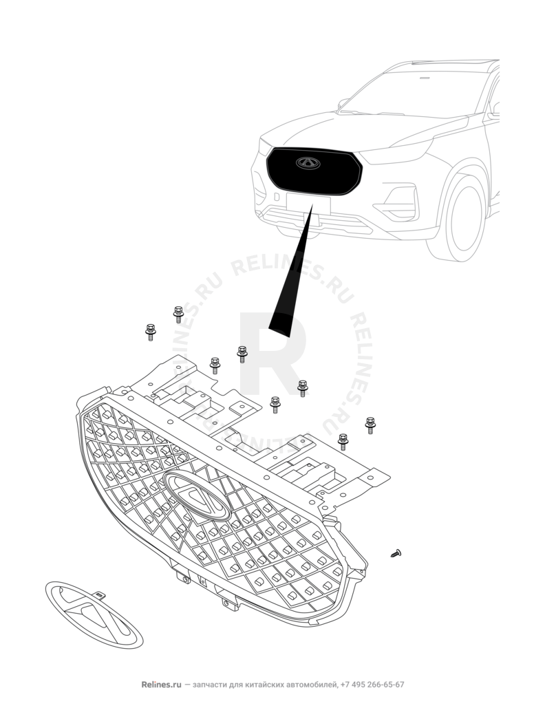 Запчасти Chery Tiggo 8 Pro Поколение I (2020)  — Эмблема и решетка радиатора в сборе (1) — схема