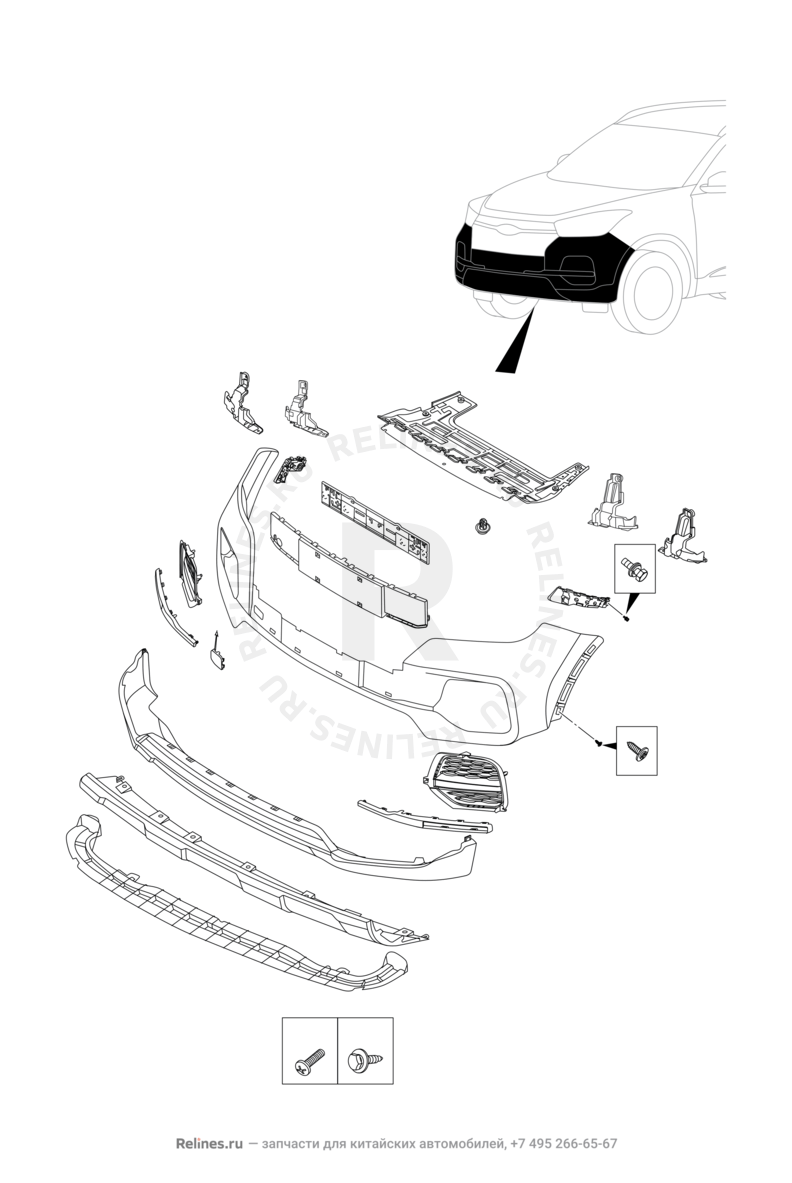 Запчасти Chery Tiggo 4 Поколение I — рестайлинг (2018)  — Передний бампер и другие детали фронтальной части (4) — схема