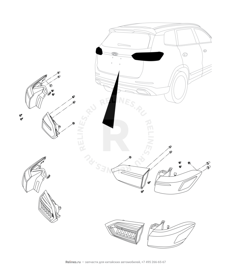 Запчасти Chery Tiggo 8 Pro Поколение I (2020)  — Фонари задние — схема