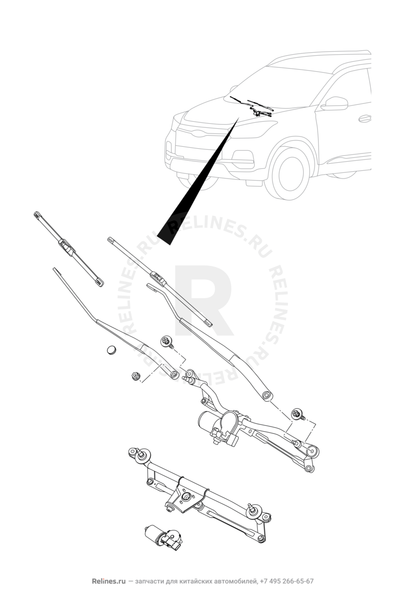 Запчасти Chery Tiggo 4 Pro Поколение I (2021)  — Стеклоочистители и их составляющие (щетки, мотор и поводок) — схема