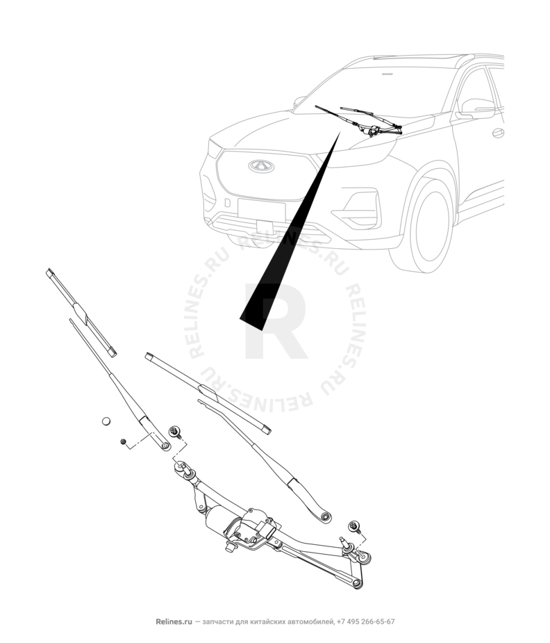 Запчасти Chery Tiggo 8 Pro Max Поколение I (2022)  — Стеклоочистители и их составляющие (щетки, мотор и поводок) — схема