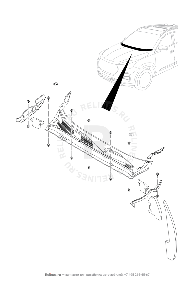 Запчасти Chery Tiggo 4 Поколение I — рестайлинг (2018)  — Панель лобового стекла (жабо) (1) — схема